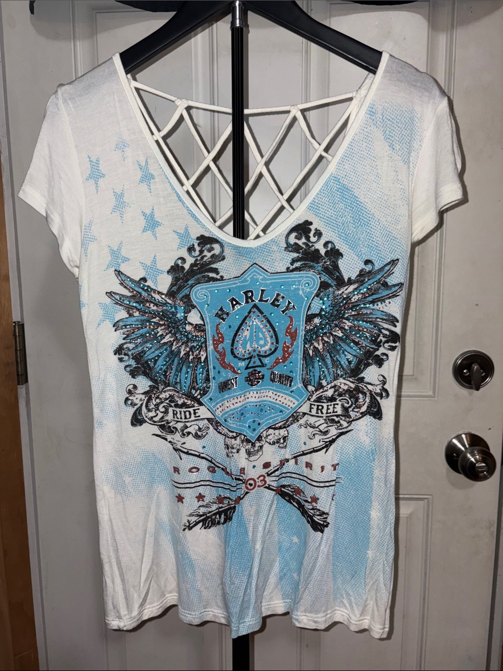 Harley Davidson Women's Rhinestone Ace of Spades Wing Top with Crisscross Back
